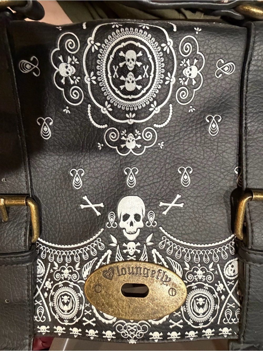 Loungefly Black Skull Print Messenger Bag with Brass Accents - Picture 8 of 9